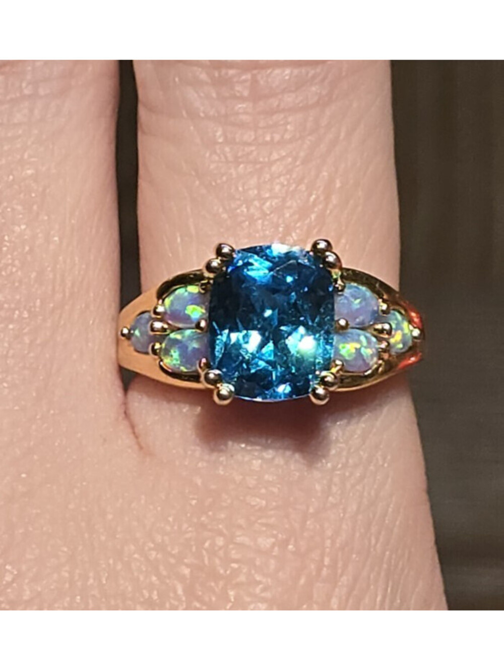 Swiss Blue Topaz Genuine Opal Cocktail Ring Gold Vermeil Sterling Silver 9.5